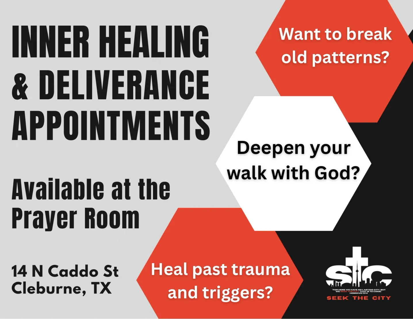 Inner Healing and Deliverance appointments available at the Seek the City prayer room, 14 N Caddo St, Cleburne, TX.